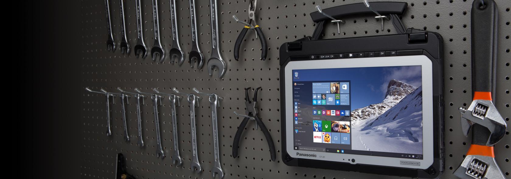 TOUGHBOOK 20 hanging on a tool board with tools